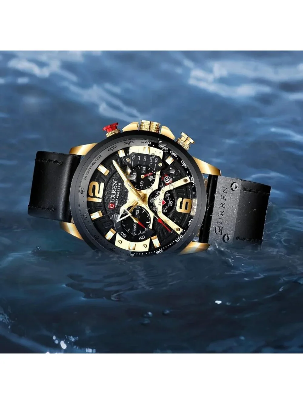 Men's Black Gold Analog Quartz Waterproof Leather Strap Chronograph Luxury Watch